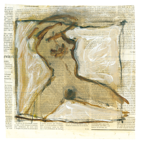 Nu - Dessin et acrylique sur papier journal